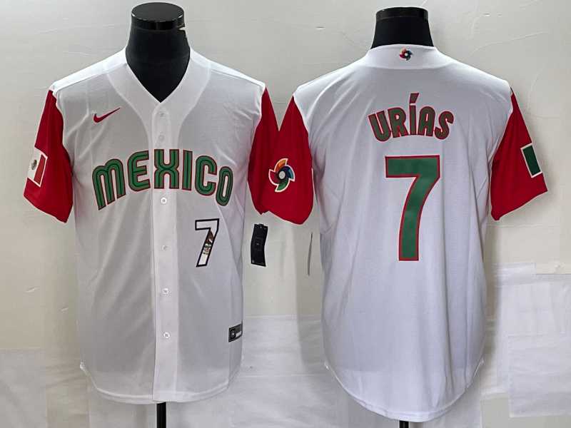 Men's Mexico Baseball #7 Julio Urias Number 2023 White Red World Classic Stitched Jersey 48